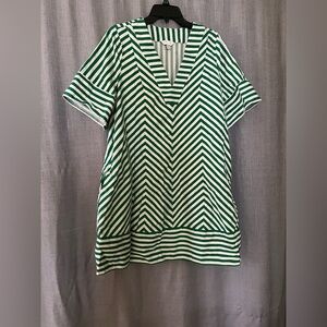Green and White Striped V-Neck Tunic